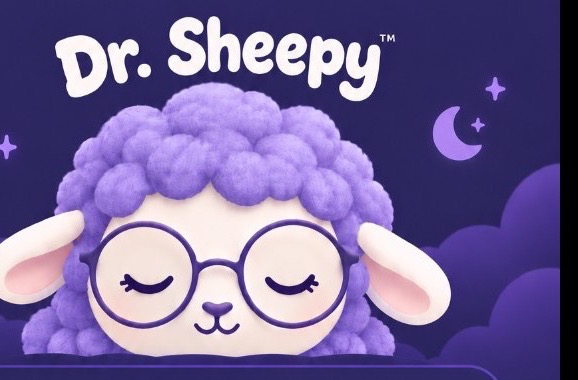 Dr. Sheepy, a sleepy purple sheep with round glasses